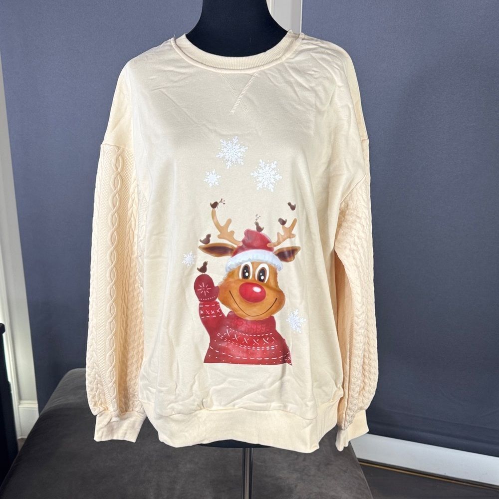 Women’s Cream Christmas Reindeer Graphic Sweatshirt Textured Sleeves Size XL NEW